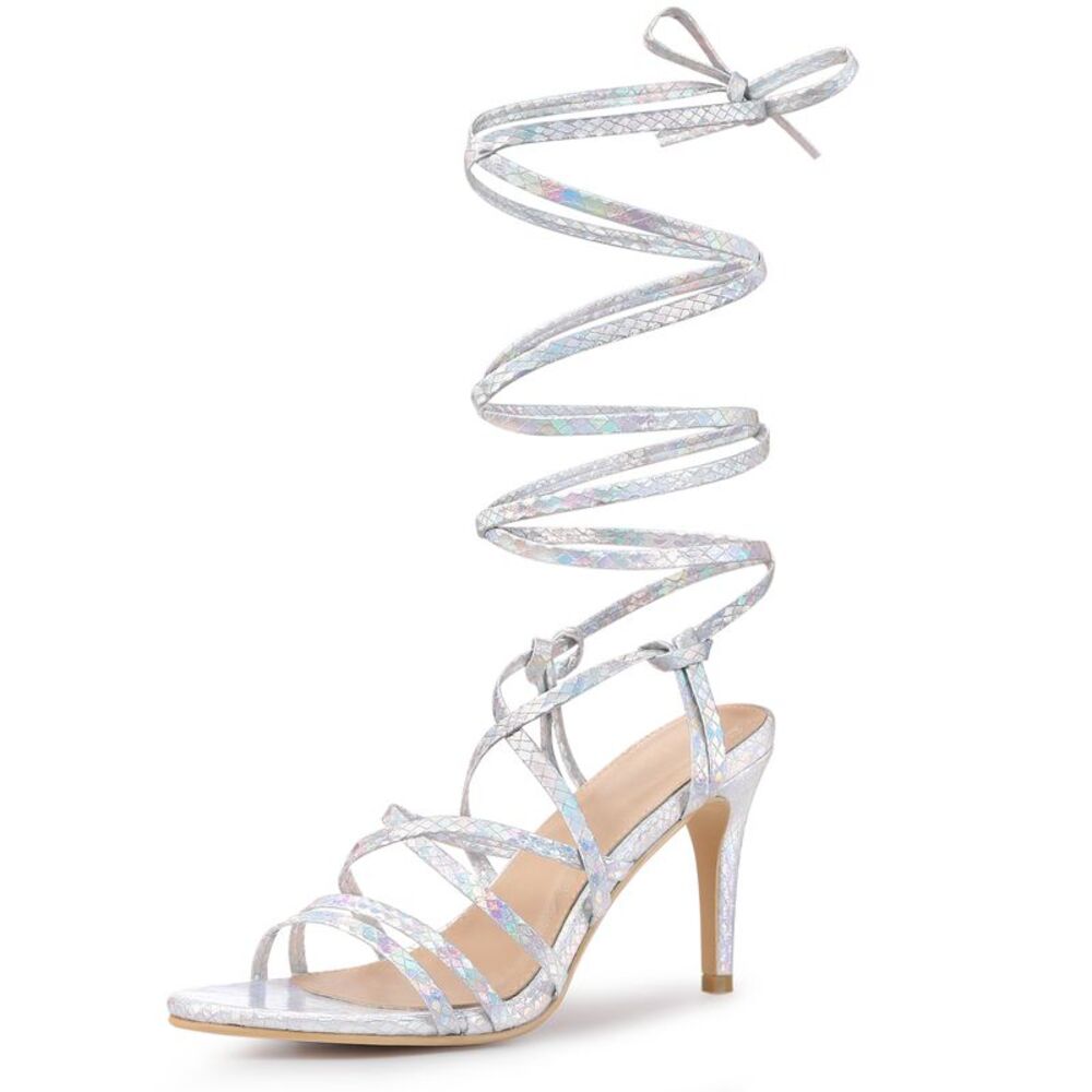 Snakeskin Print Heel Strappy Lace Up Stiletto Heels Sandals, Silver